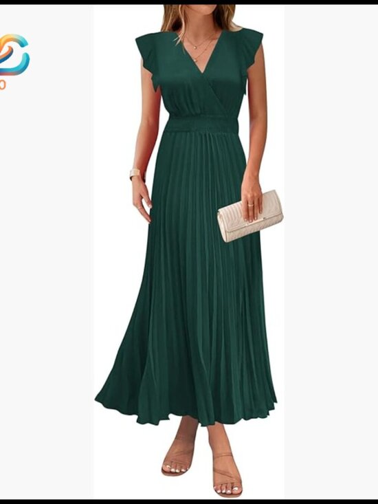 Dresses & Skirts - Summer Maxi Dress V Neck Ruffle Sleeves Empire Waist Pleated Flowy Formal